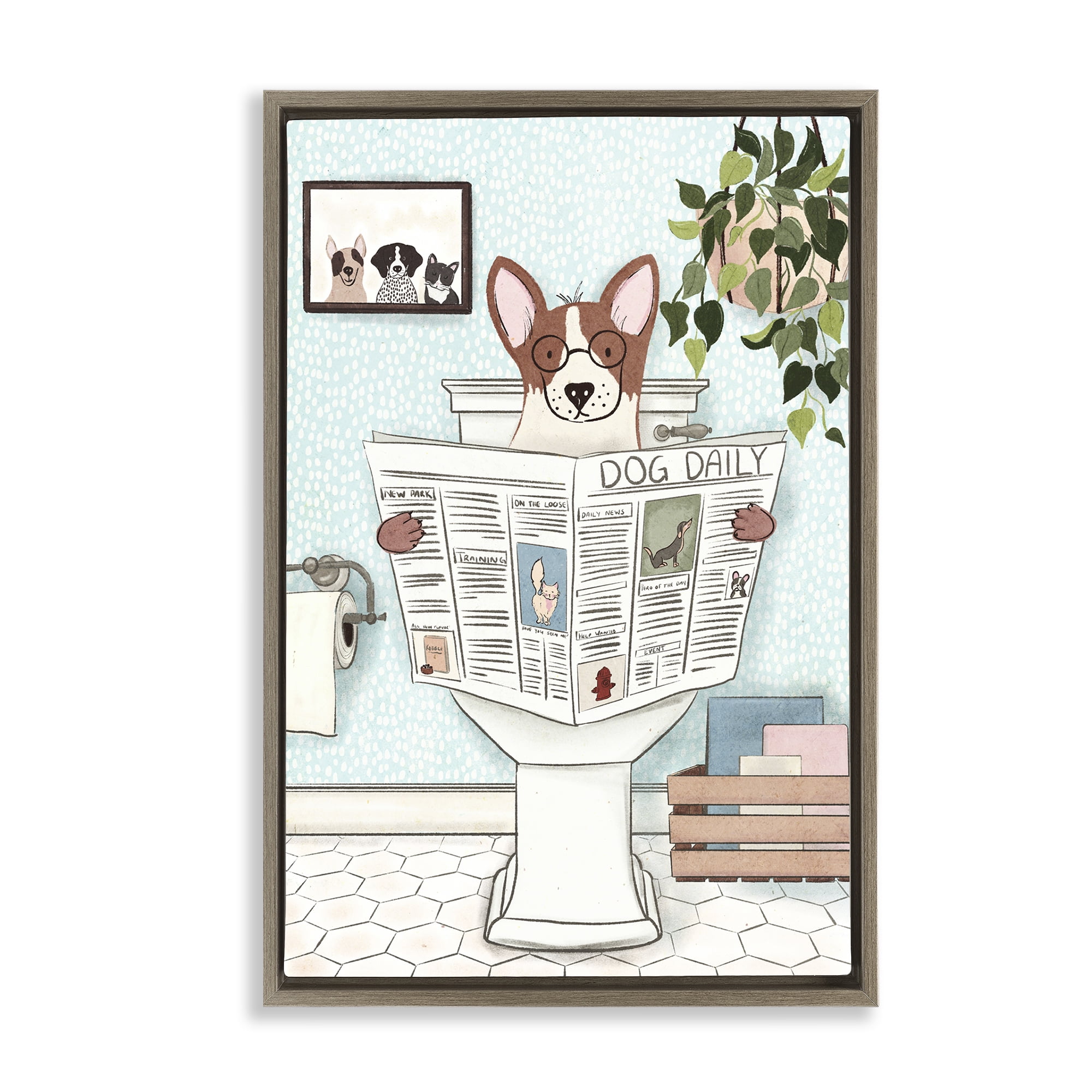 Stupell Industries Dog & Newspaper Bathroom Bath & Laundry Painting Brown Floater Framed Canvas Art Print Wall Art, 21 x 31