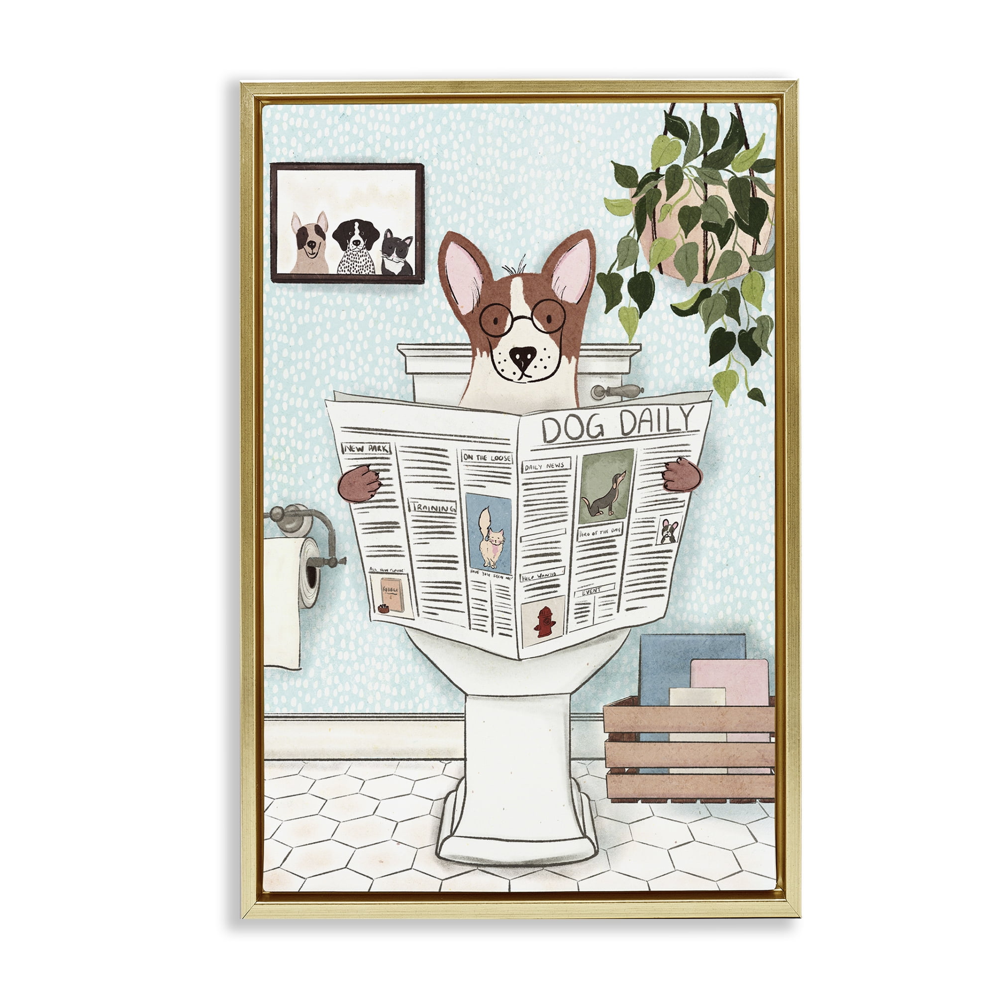 Stupell Industries Dog & Newspaper Bathroom Bath & Laundry Painting Gold Floater Framed Canvas Art Print Wall Art, 17 x 25
