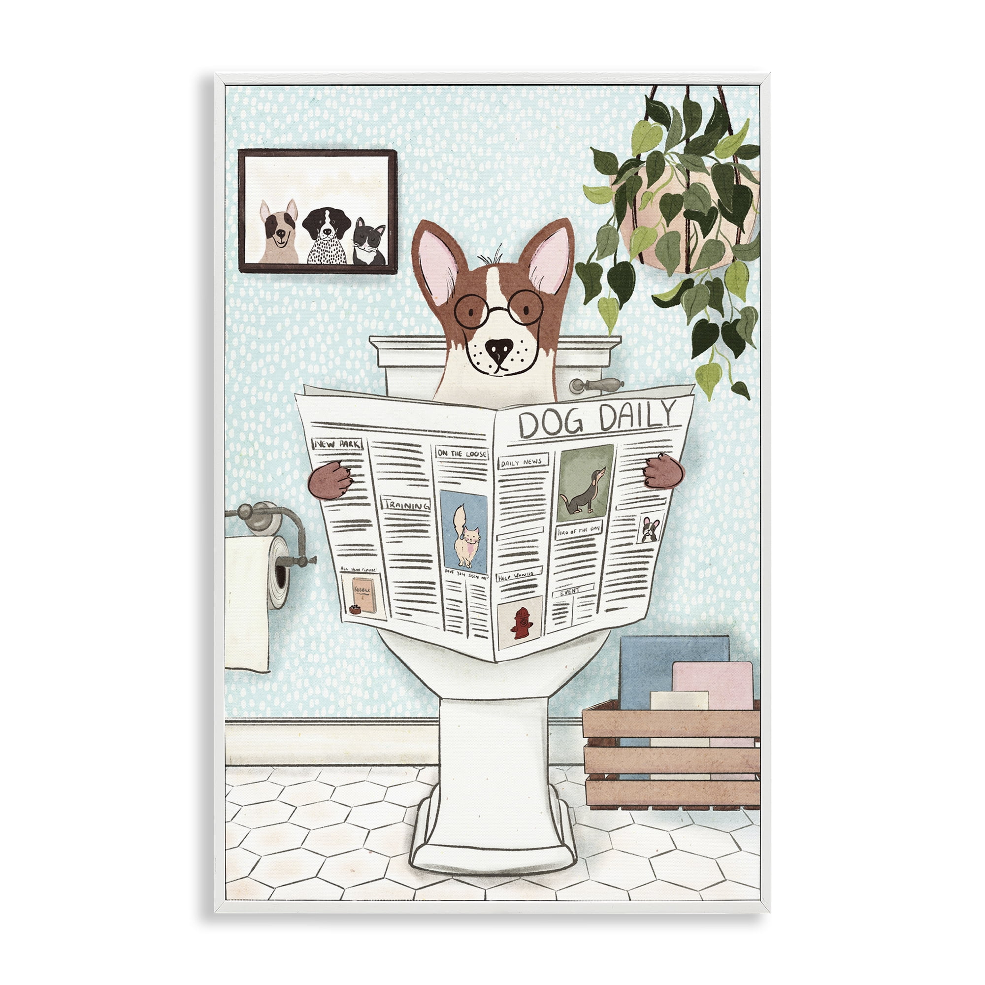 Stupell Industries Dog & Newspaper Bathroom Bath & Laundry Painting White Framed Art Print Wall Art, 20 x 30