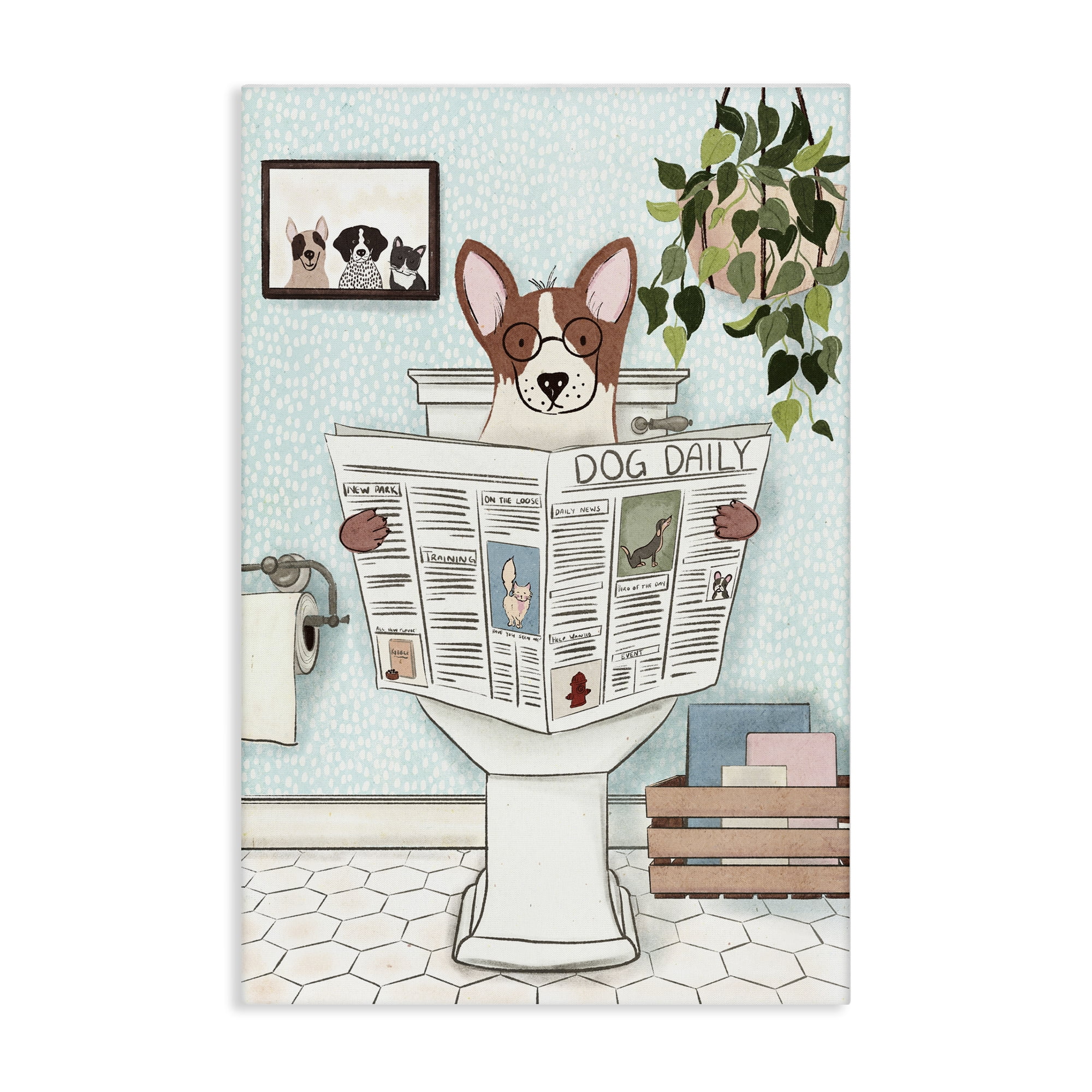 Stupell Industries Dog & Newspaper Bathroom Bath & Laundry Painting Wrapped Canvas Art Print Wall Art, 16 x 24
