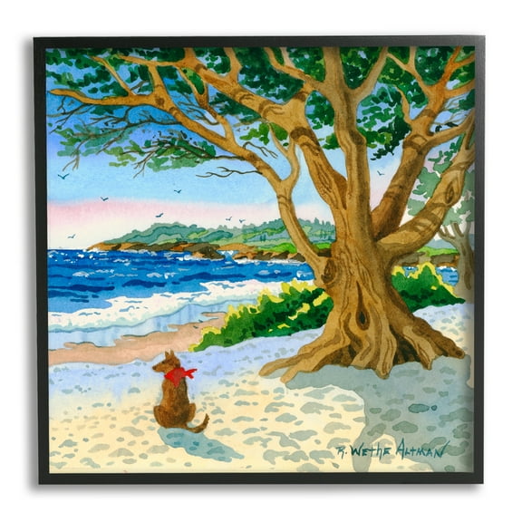 Stupell Industries Dog On Beach Painting Nature Painting Black Framed Art Print Wall Art, 12 x 12