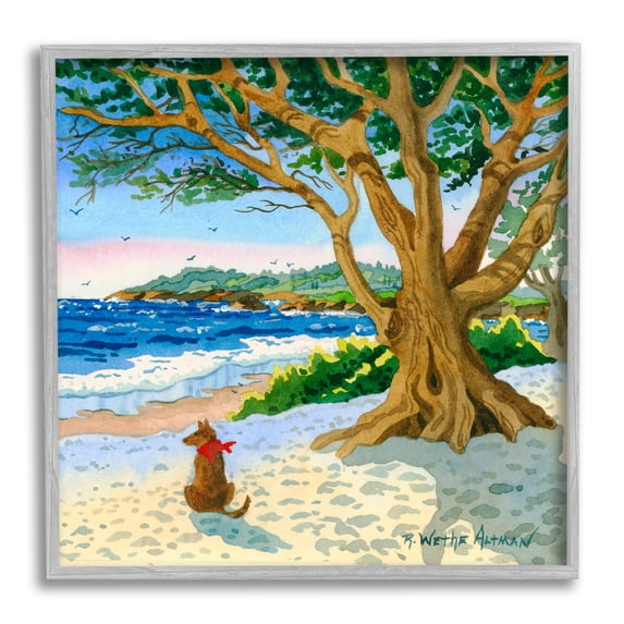 Stupell Industries Dog On Beach Painting Nature Painting Gray Framed Art Print Wall Art, 12 x 12