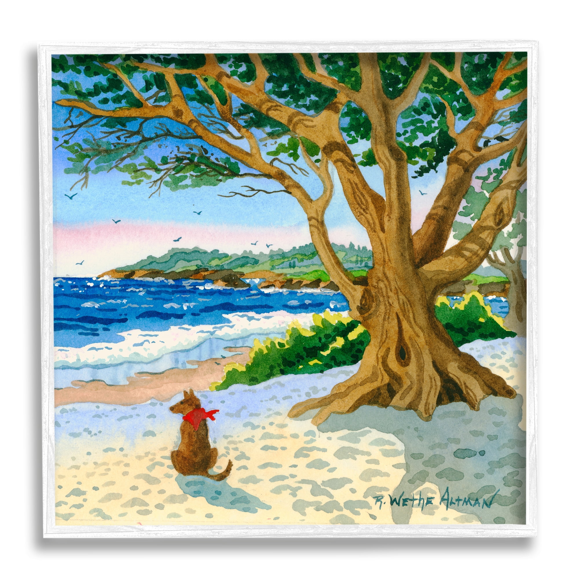 Stupell Industries Dog On Beach Painting Nature Painting White Framed Art Print Wall Art, 24 x 24