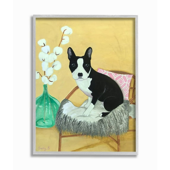 Stupell Industries Dog On Chair Yellow Green Pet Painting Gray Framed Art Print Wall Art, 16x20, by Sally B