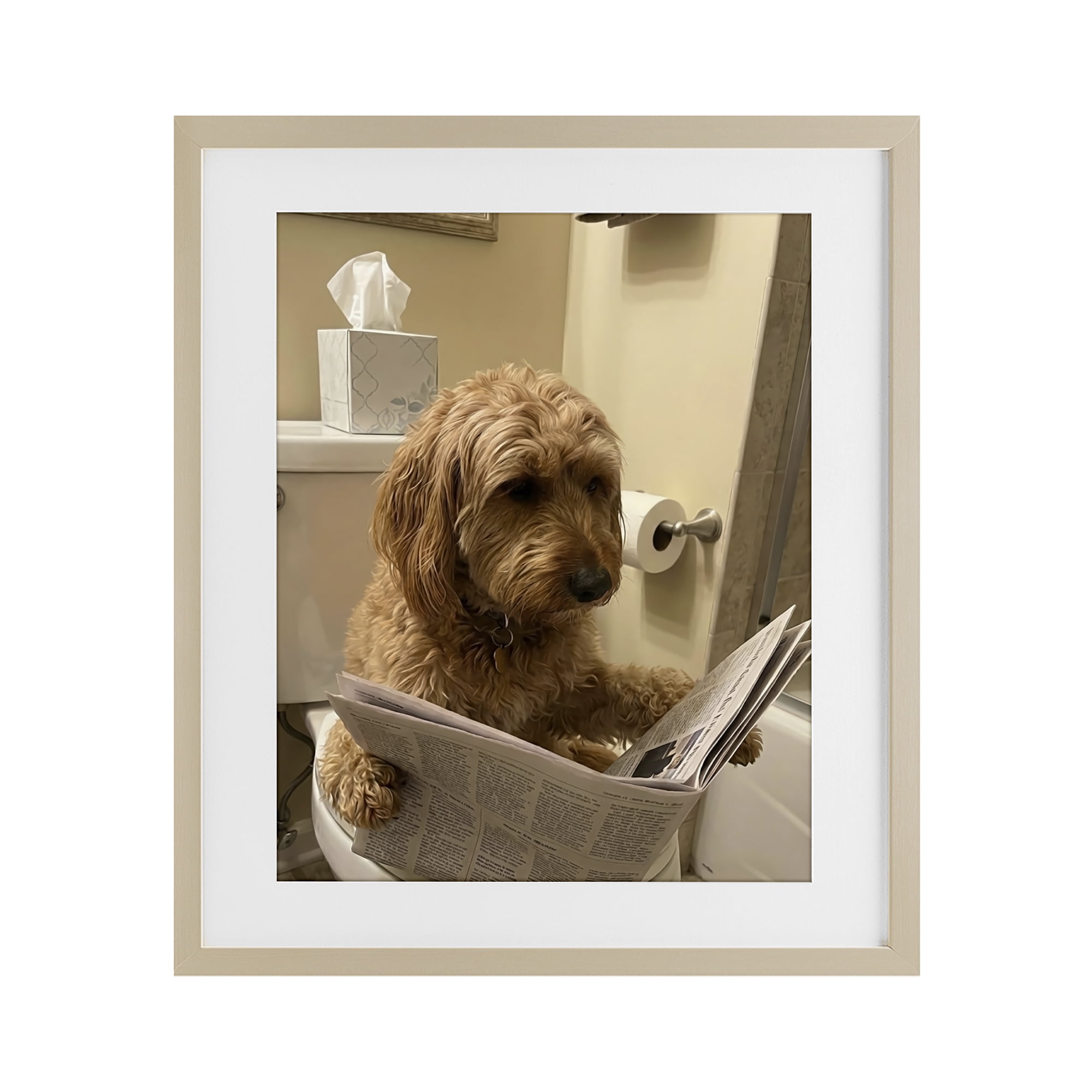 Stupell Industries Dog & Paper on Toilet Birch Framed Print Under Glass, design by Abigail Walker