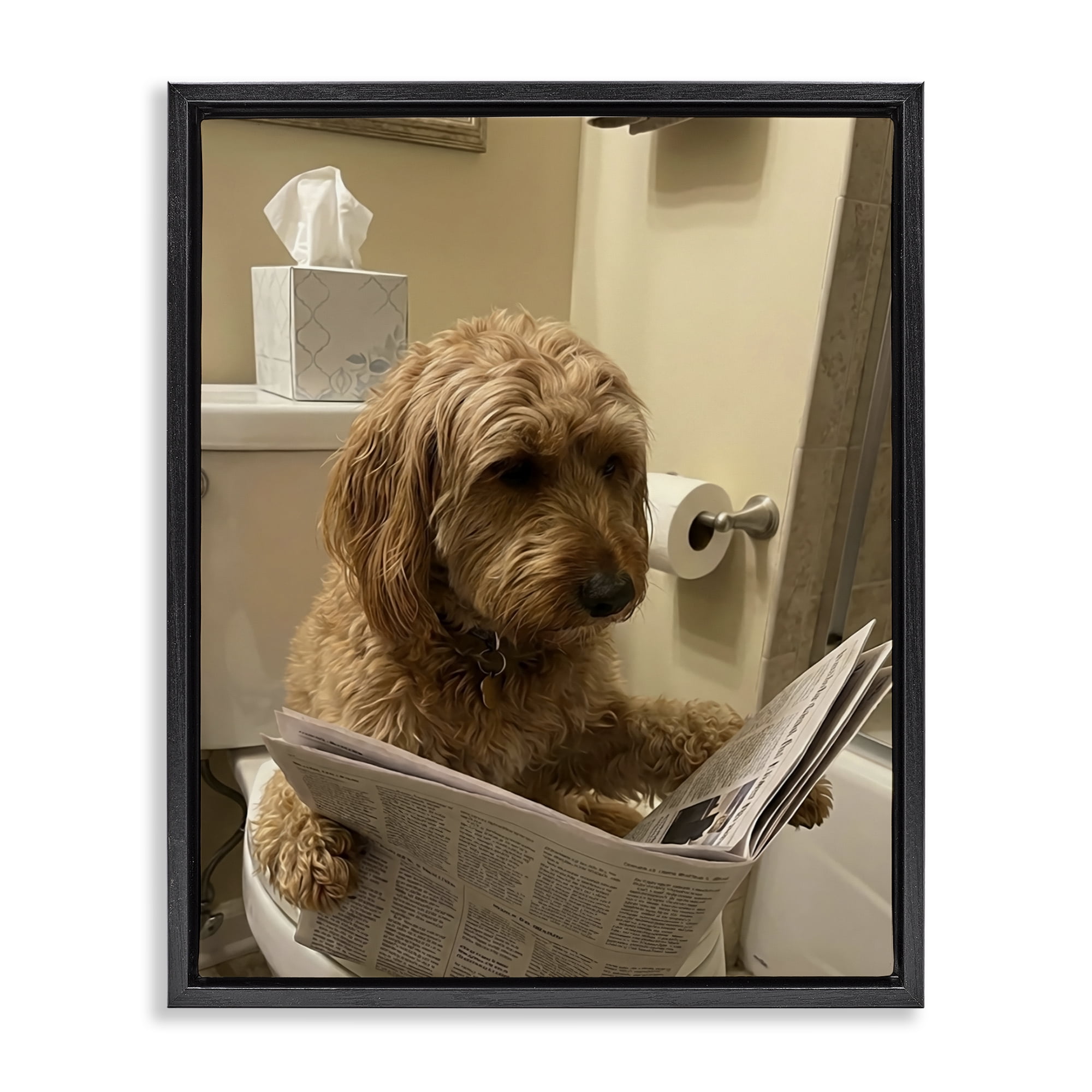 Stupell Industries Dog & Paper on Toilet Black Framed Floater Canvas Wall Art, design by Abigail Walker
