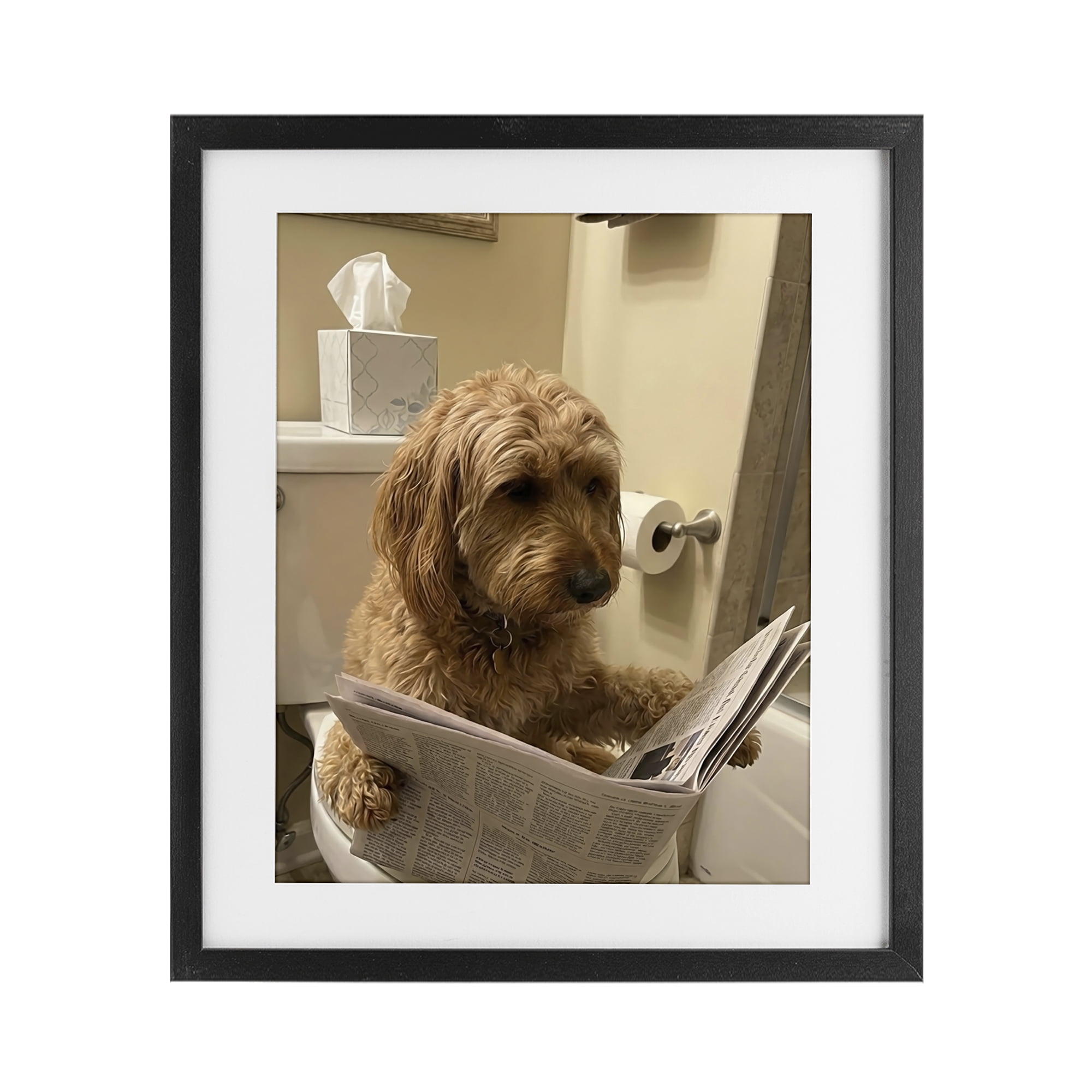 Stupell Industries Dog & Paper on Toilet Black Framed Print Under Glass, design by Abigail Walker