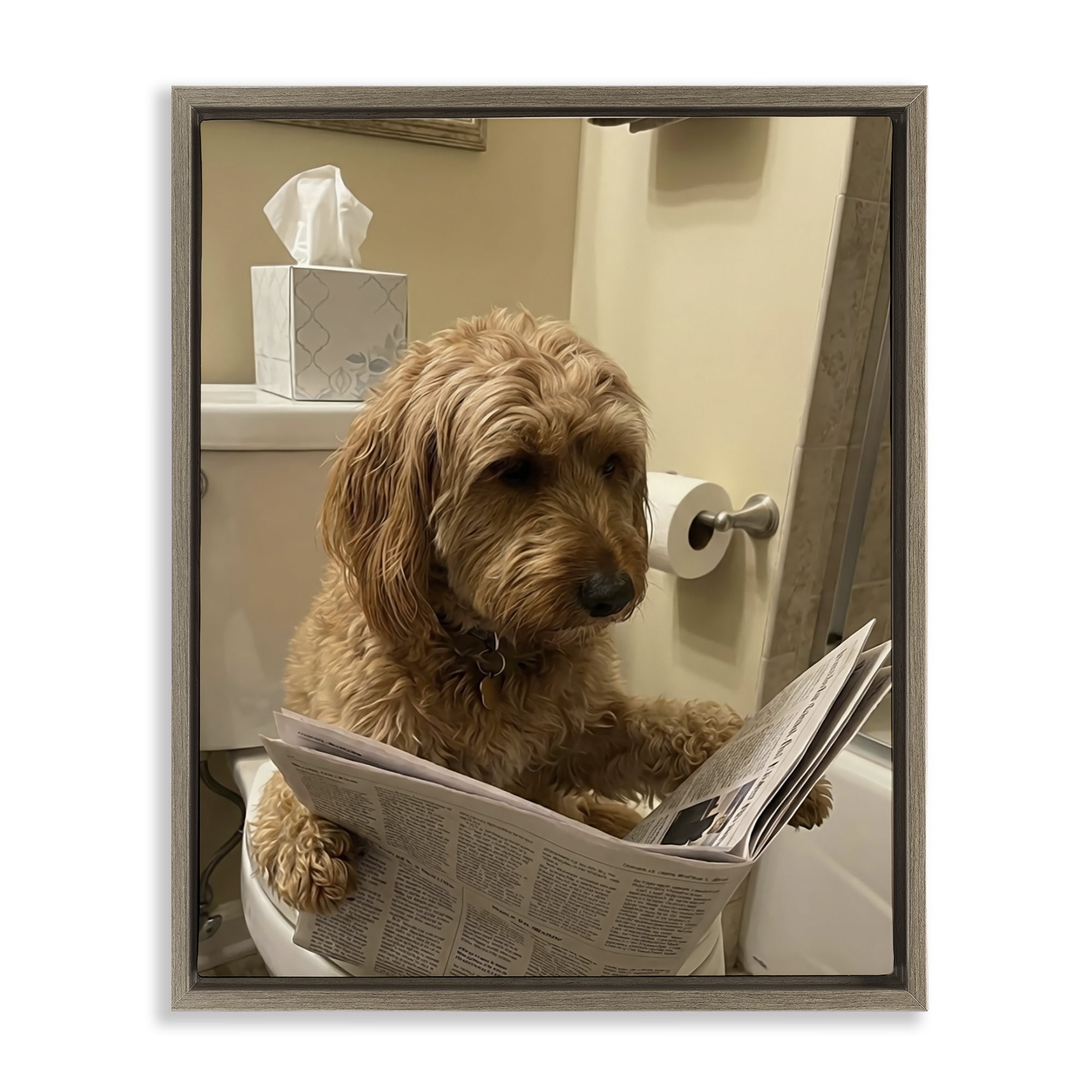 Stupell Industries Dog & Paper on Toilet Brown Framed Floater Canvas Wall Art, design by Abigail Walker