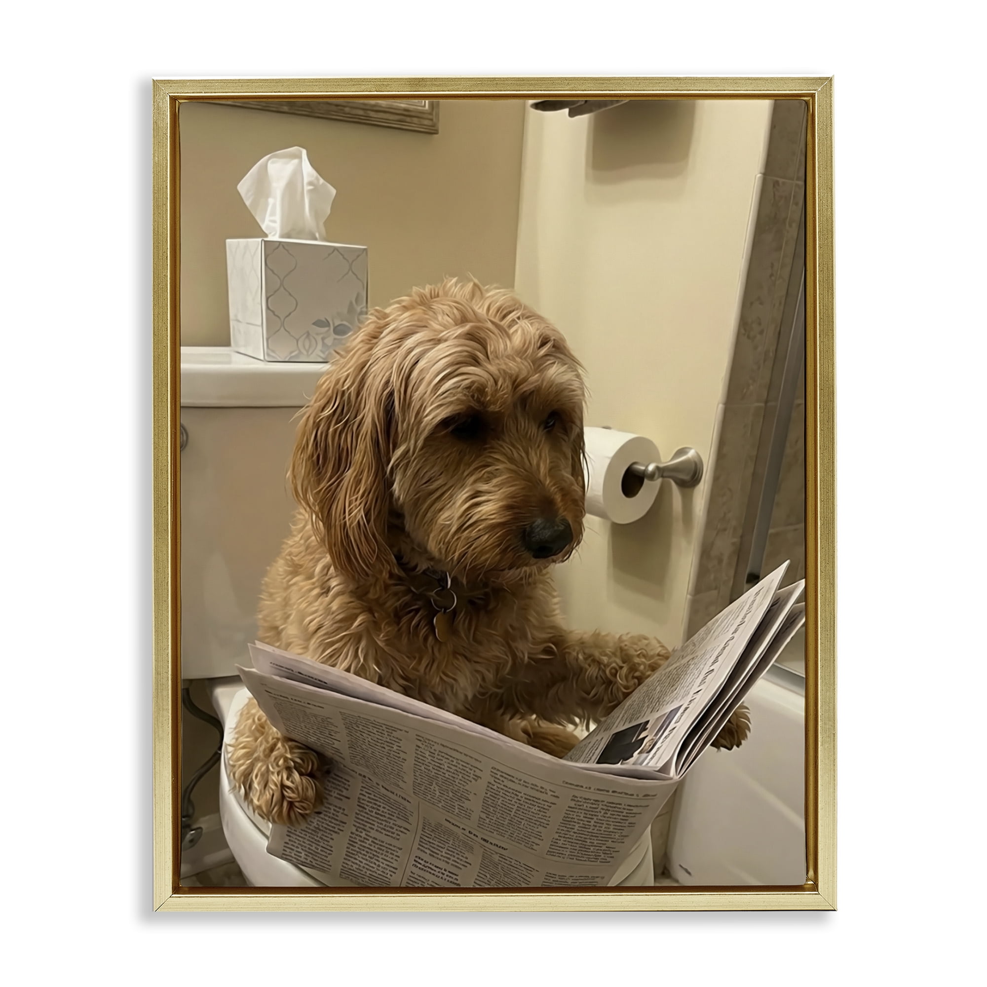 Stupell Industries Dog & Paper on Toilet Gold Framed Floater Canvas Wall Art, design by Abigail Walker