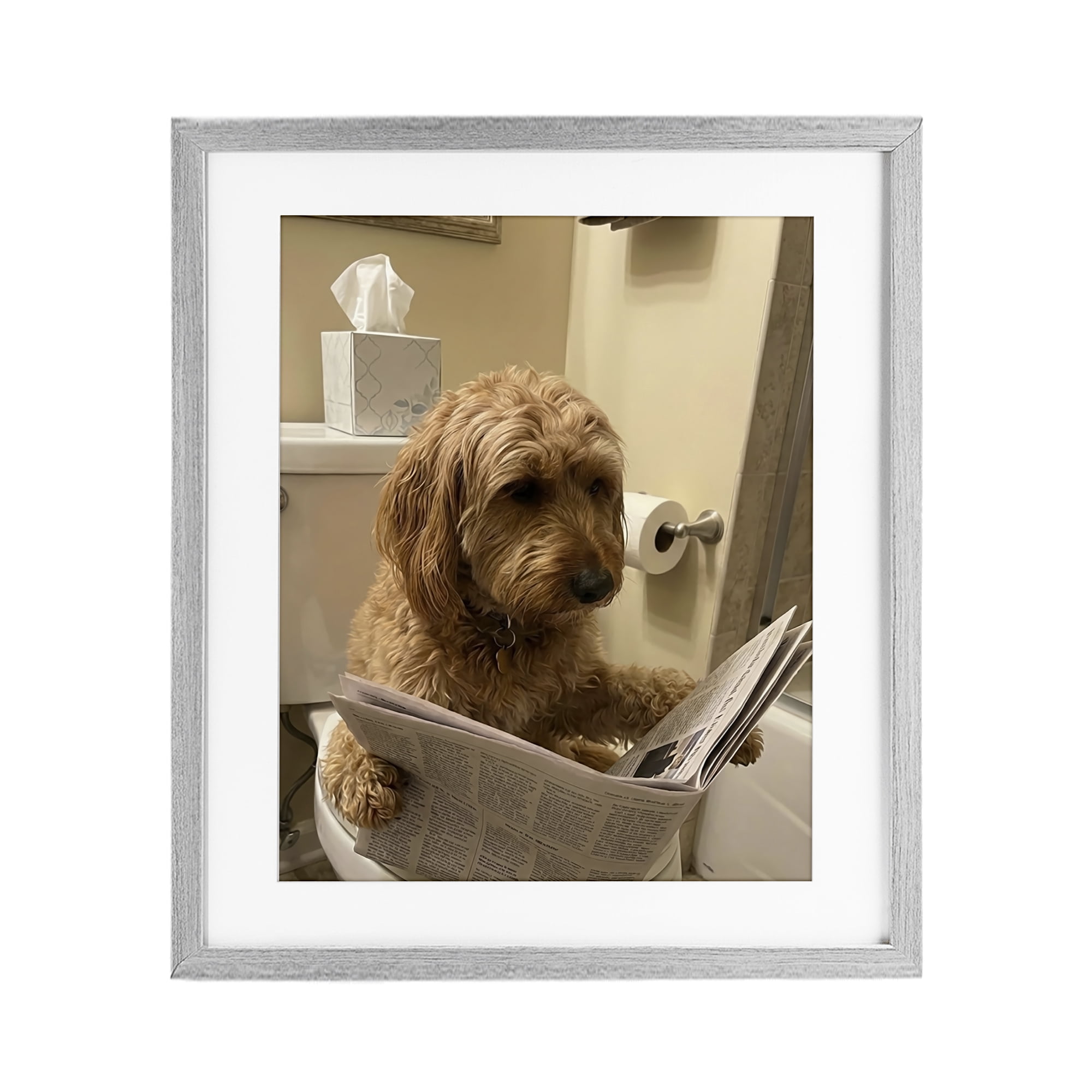 Stupell Industries Dog & Paper on Toilet Gray Framed Print Under Glass, design by Abigail Walker
