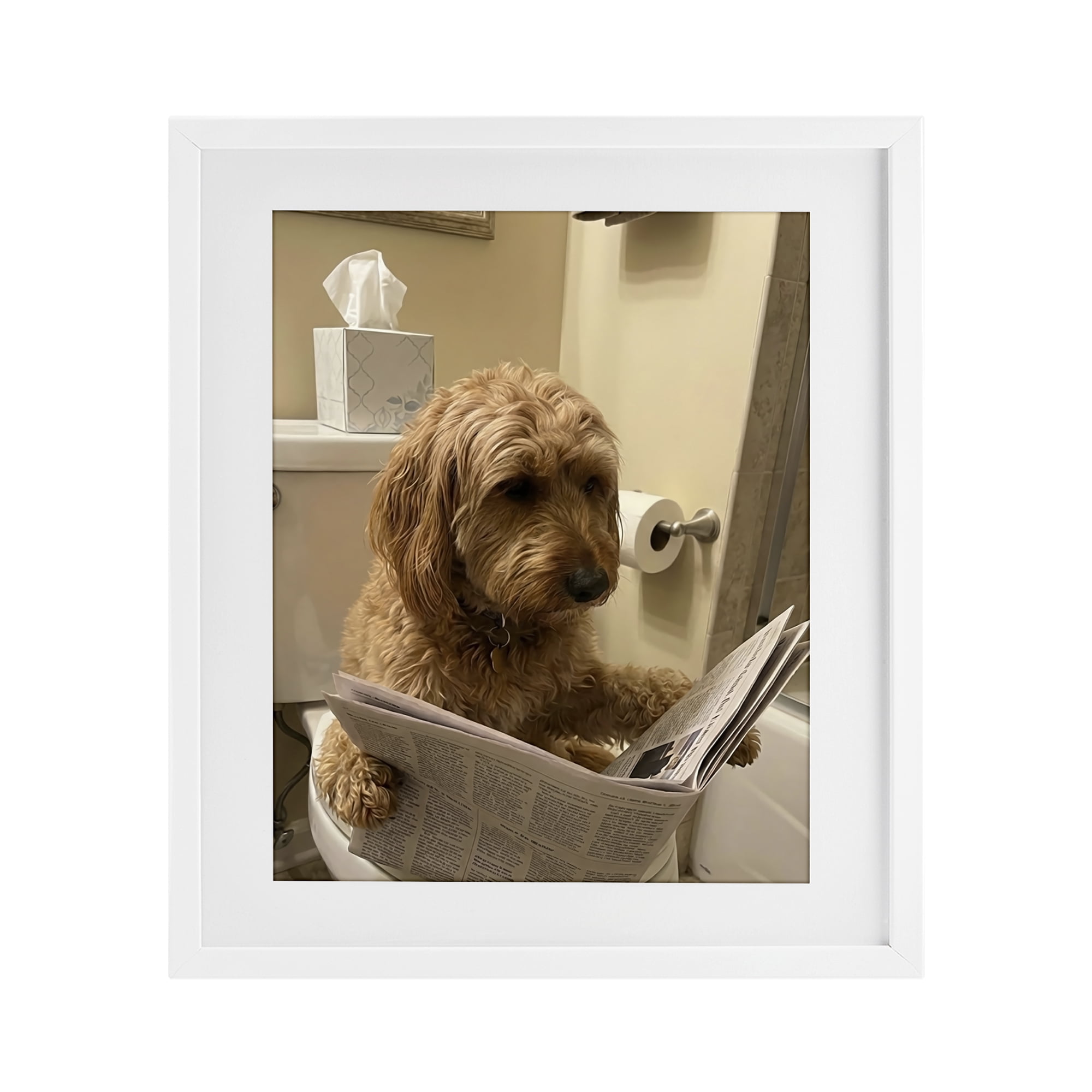 Stupell Industries Dog & Paper on Toilet White Framed Print Under Glass, design by Abigail Walker