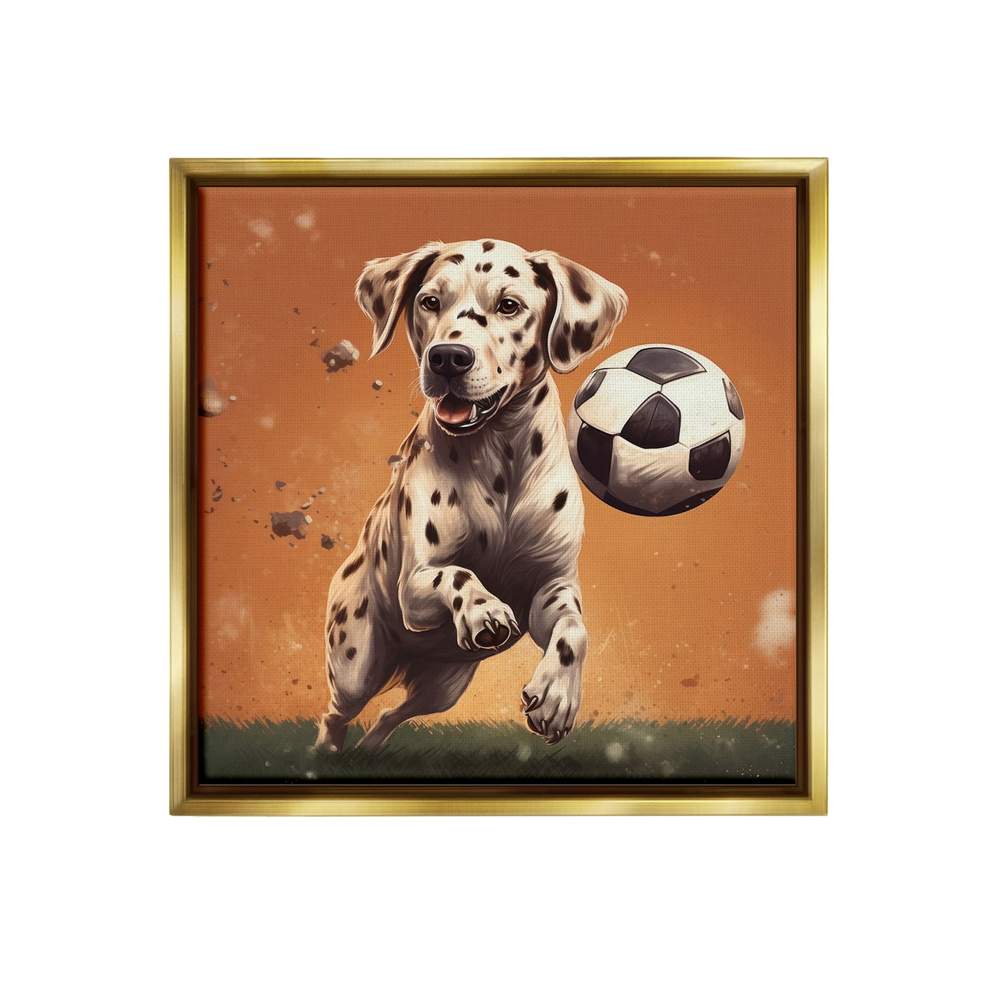 Stupell Industries Dog Playing Soccer Animals & Insects Painting Gold Floater Framed Canvas Art Print Wall Art, 18 x 18
