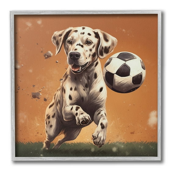 Stupell Industries Dog Playing Soccer Animals & Insects Painting Gray Framed Art Print Wall Art, 24 x 24