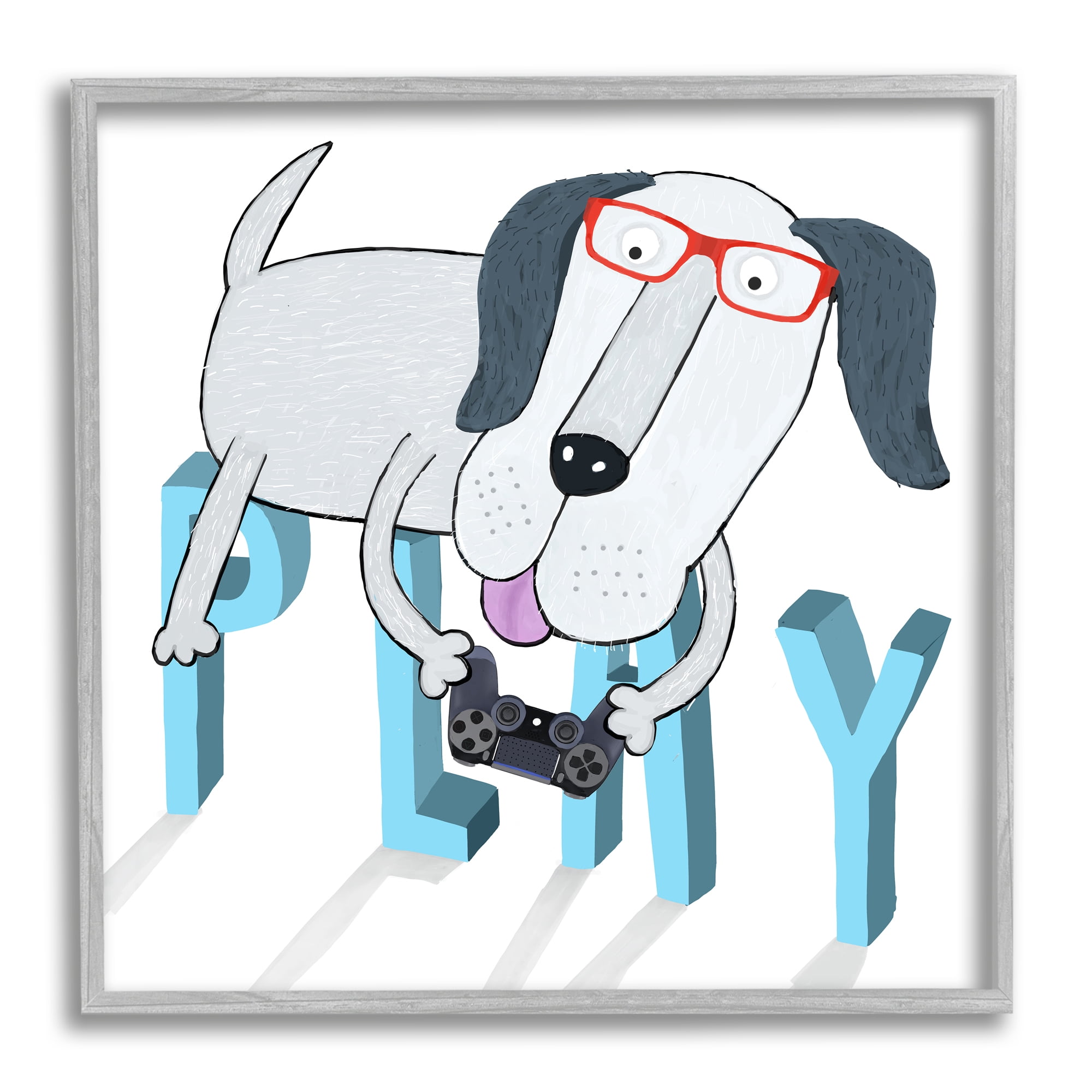 Stupell Industries Dog Playing Video Games Animals & Insects Painting Gray Framed Art Print Wall Art, 12 x 12