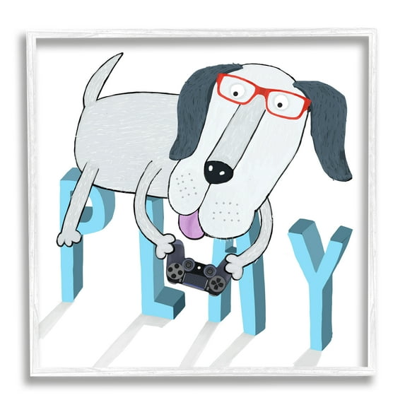 Stupell Industries Dog Playing Video Games Animals & Insects Painting White Framed Art Print Wall Art, 17 x 17