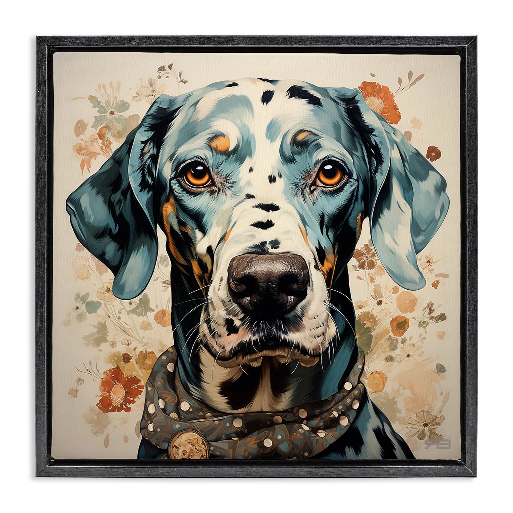 Stupell Industries Dog Portrait with Paint Splatter Animals & Insects Painting Black Floater Framed Canvas Art Print Wall Art, 18 x 18