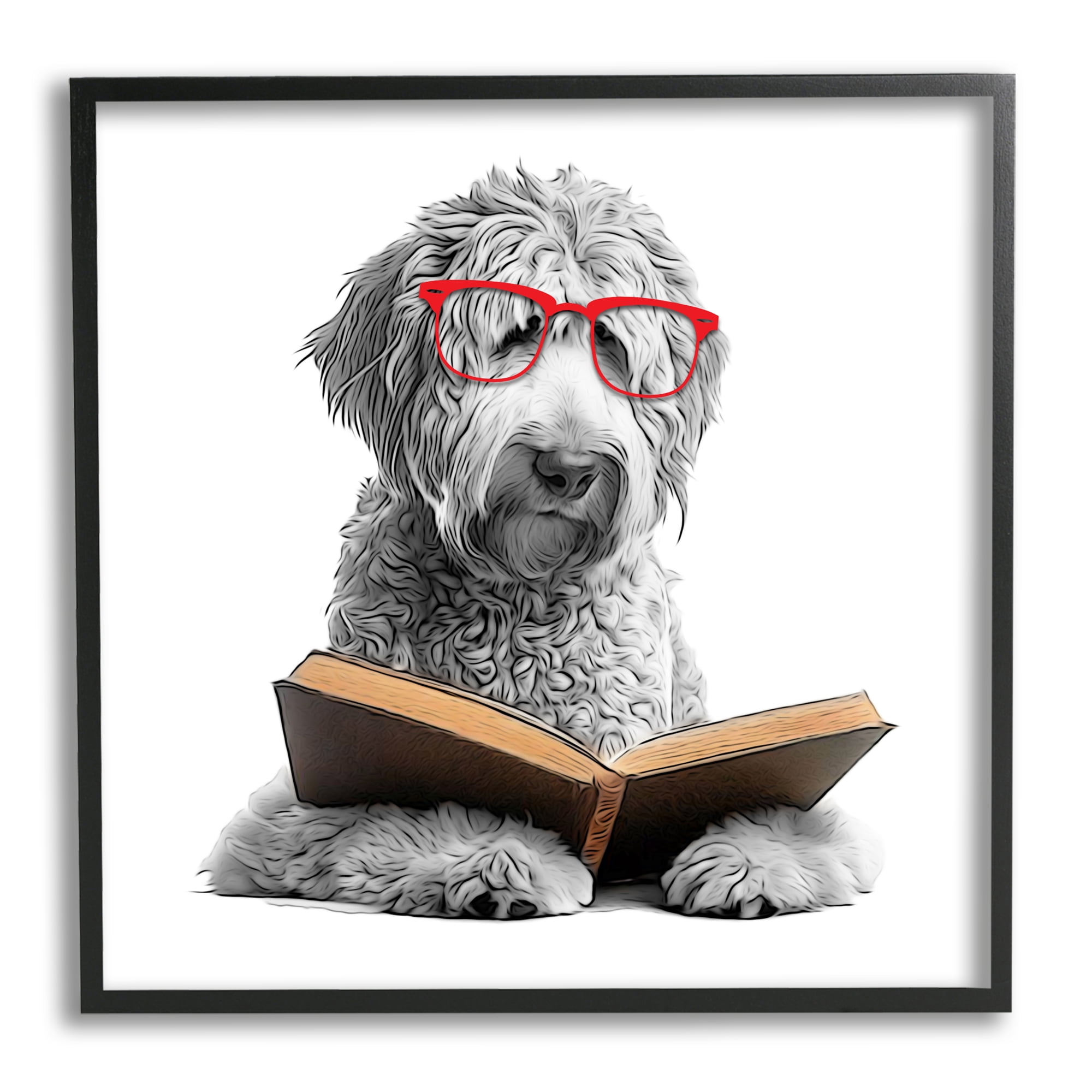 Stupell Industries Dog Reading Book Animals & Insects Painting Black Framed Art Print Wall Art, 24 x 24