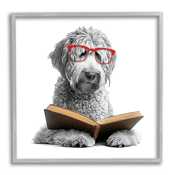 Stupell Industries Dog Reading Book Animals & Insects Painting Gray Framed Art Print Wall Art, 17 x 17