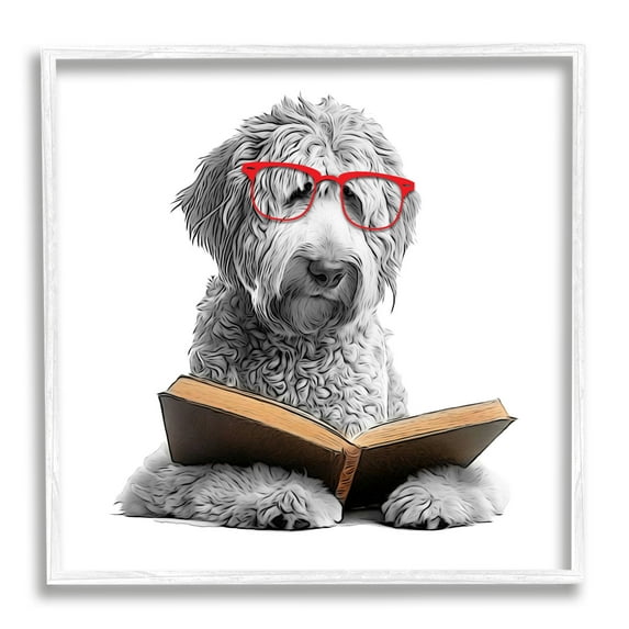 Stupell Industries Dog Reading Book Animals & Insects Painting White Framed Art Print Wall Art, 12 x 12