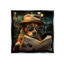 Stupell Industries Dog Reading Newspaper Animals & Insects Painting Black Floater Framed Canvas Art Print Wall Art, 18 x 18