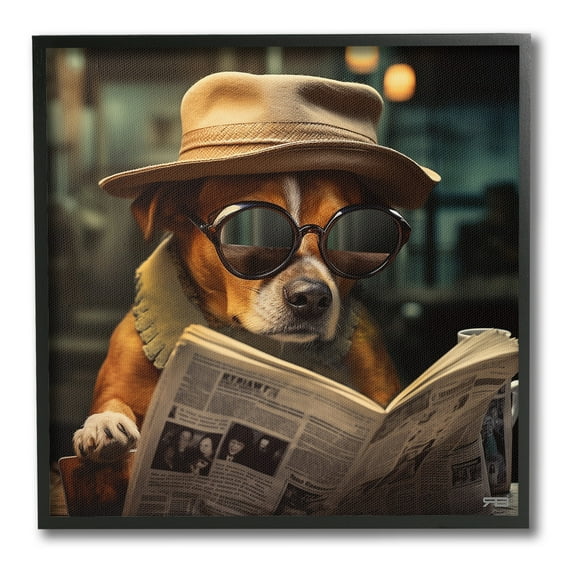 Stupell Industries Dog Reading Newspaper Animals & Insects Painting Black Framed Art Print Wall Art, 12 x 12