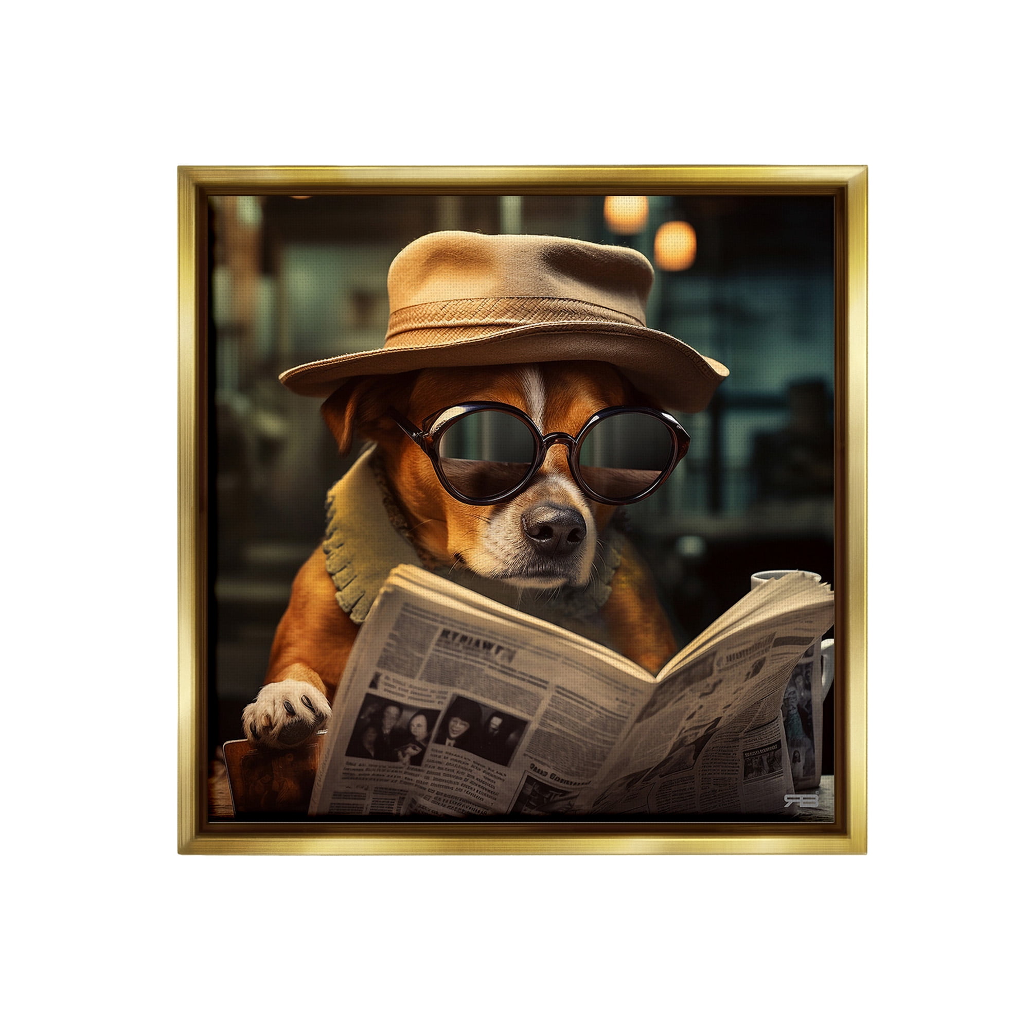 Stupell Industries Dog Reading Newspaper Animals & Insects Painting Gold Floater Framed Canvas Art Print Wall Art, 18 x 18