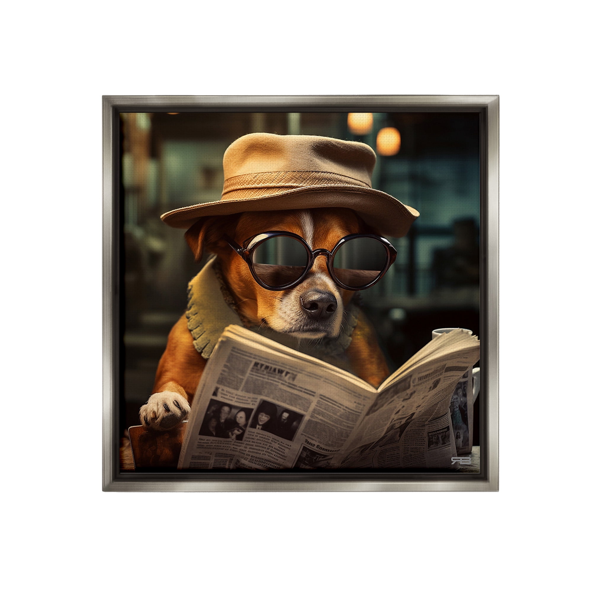 Stupell Industries Dog Reading Newspaper Animals & Insects Painting Gray Floater Framed Canvas Art Print Wall Art, 25 x 25