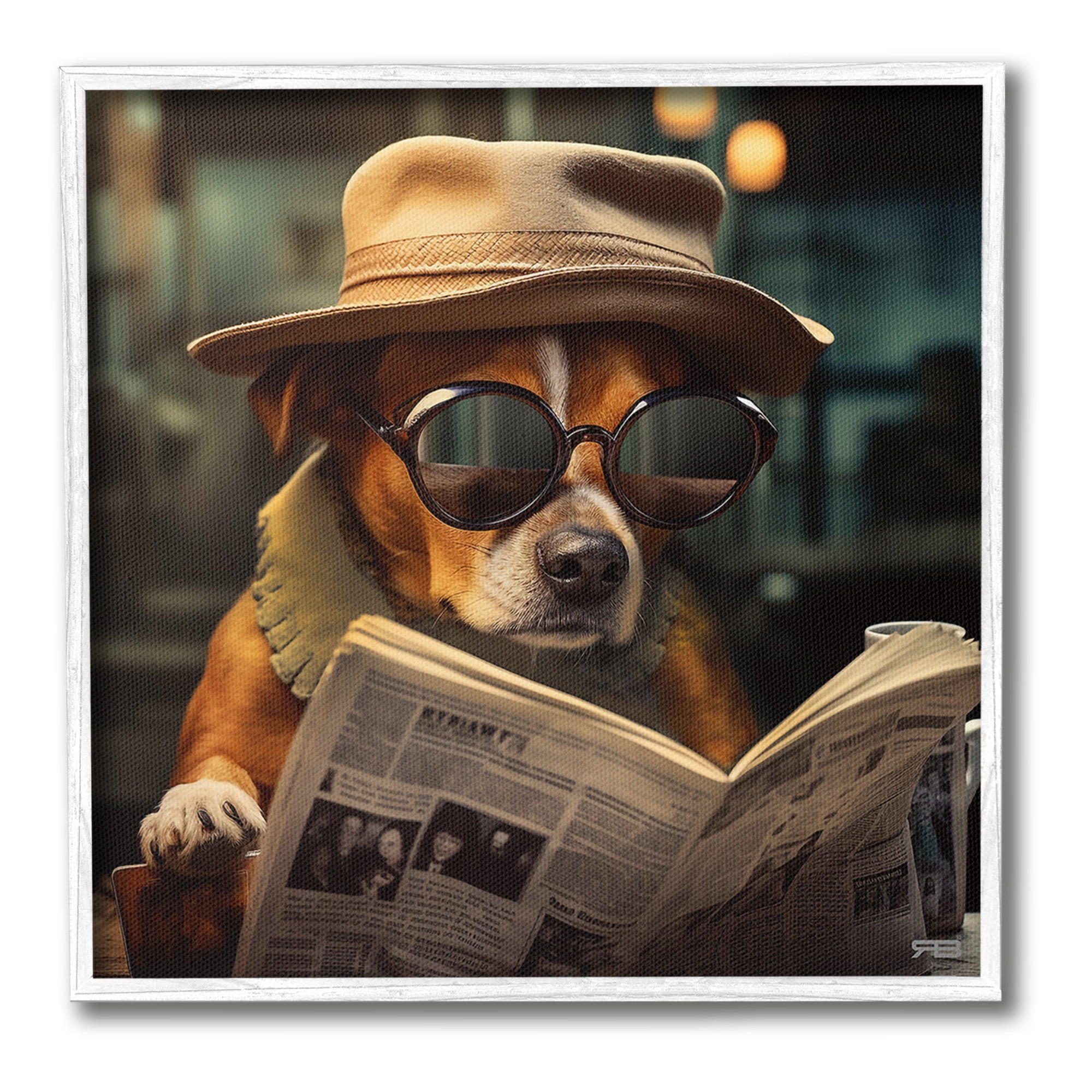 Stupell Industries Dog Reading Newspaper Animals & Insects Painting White Framed Art Print Wall Art, 17 x 17