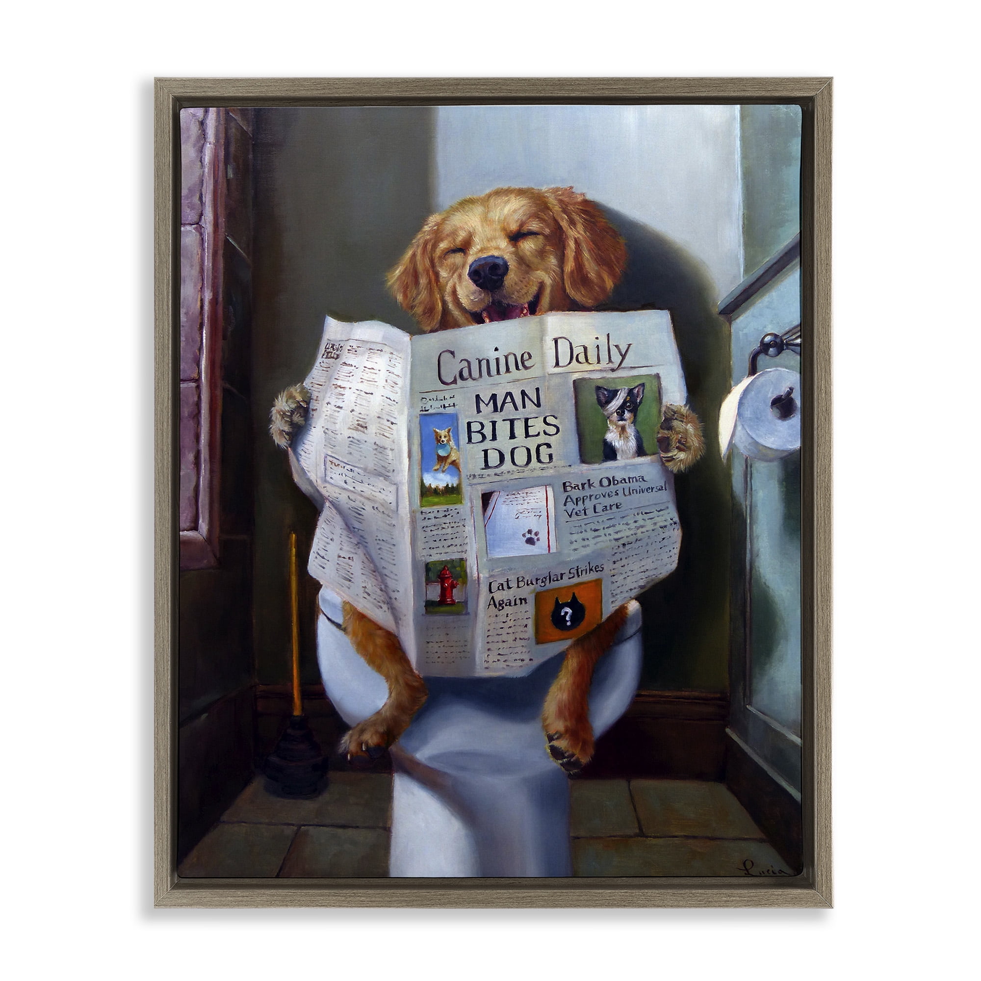 Stupell Industries Dog Reading Newspaper On Toilet Animals & Insects Painting Brown Floater Framed Canvas Art Print Wall Art, 17 x 21