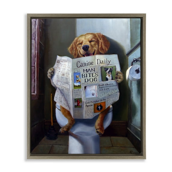 Stupell Industries Dog Reading Newspaper On Toilet Animals & Insects Painting Brown Floater Framed Canvas Art Print Wall Art, 25 x 31