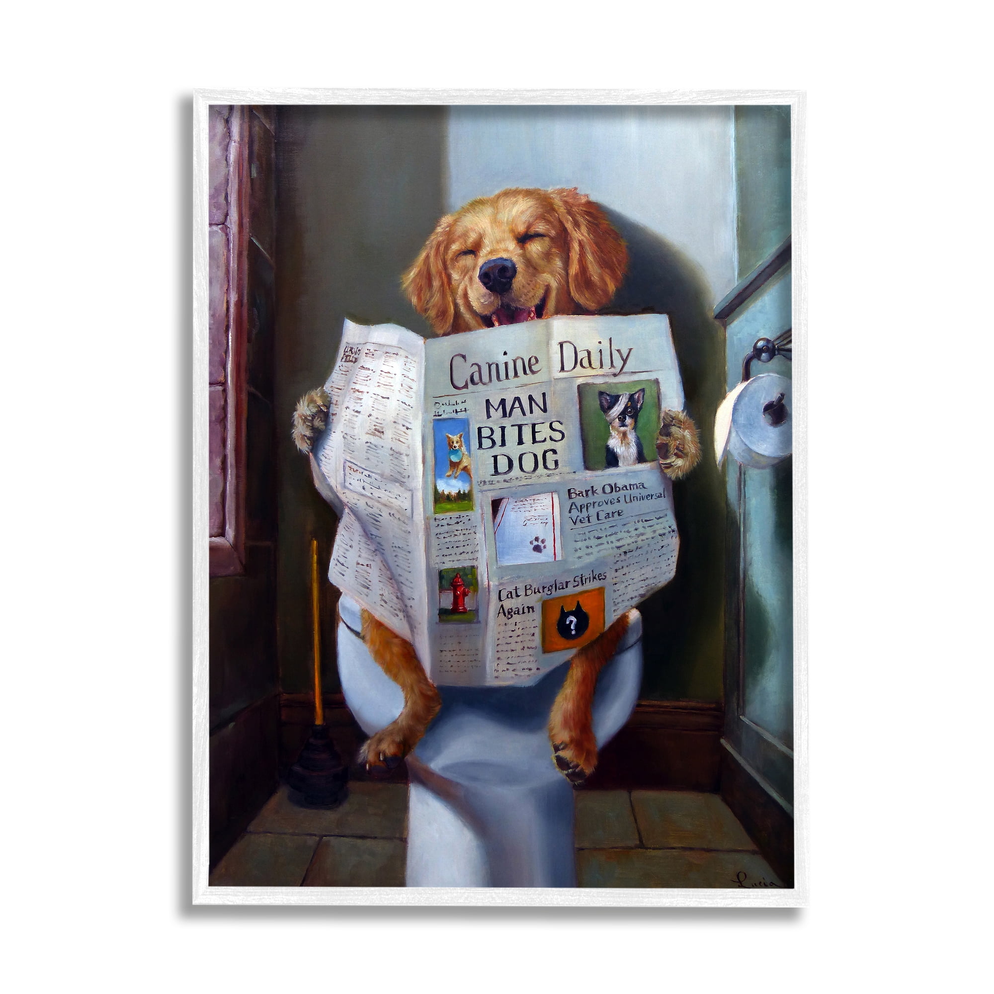 Stupell Industries Dog Reading the Newspaper On Toilet Funny Painting, 11 x 14,Design by Lucia Heffernan