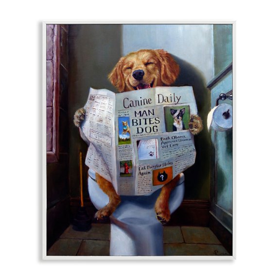 Stupell Industries Dog Reading the Newspaper On Toilet Funny Painting, 24 x 30,Design by Lucia Heffernan