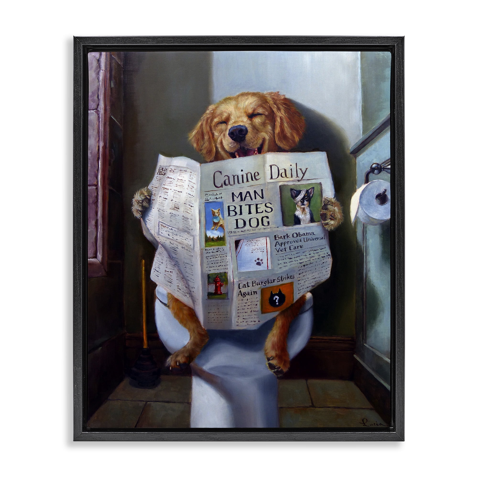 Stupell Industries Dog Reading the Newspaper On Toilet Funny Painting Jet Black Framed Floating Canvas Wall Art, 24x30, by Lucia Heffernan