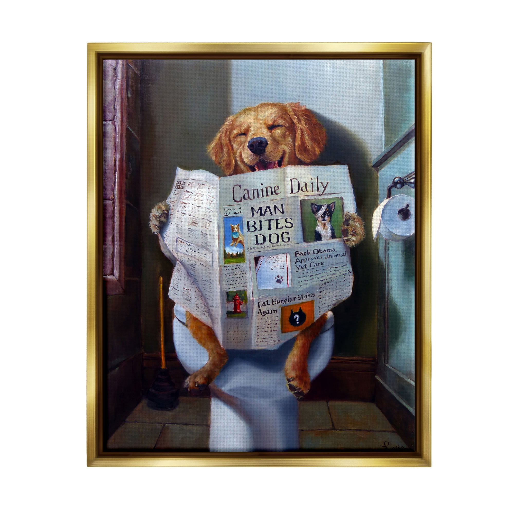 Stupell Industries Dog Reading the Newspaper On Toilet Funny Painting Metallic Gold Framed Floating Canvas Wall Art, 24x30, by Lucia Heffernan