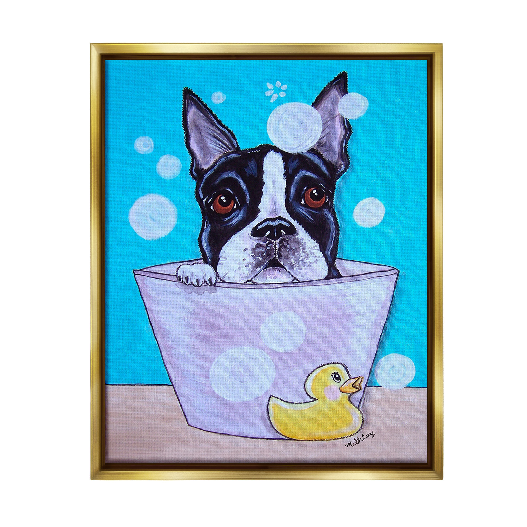 Stupell Industries Dog & Soap Bubbles Animals & Insects Painting Gold Floater Framed Canvas Art Print Wall Art, 25 x 31