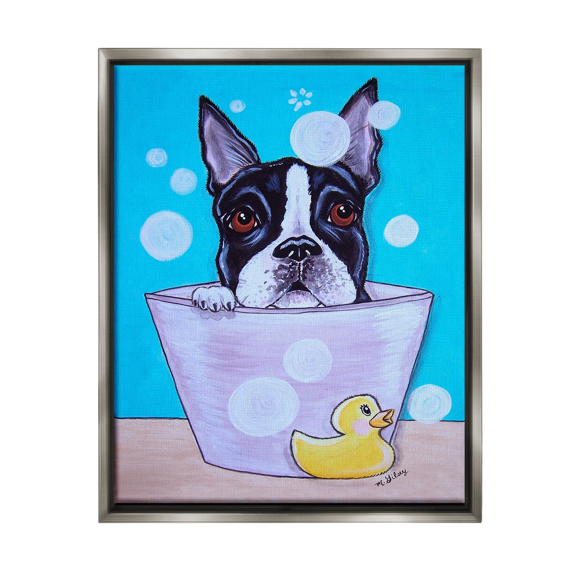 Stupell Industries Dog & Soap Bubbles Animals & Insects Painting Gray Floater Framed Canvas Art Print Wall Art, 17 x 21