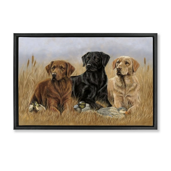 Stupell Industries Dog Trio & Ducks Animals & Insects Painting Black Floater Framed Canvas Art Print Wall Art, 25 x 17