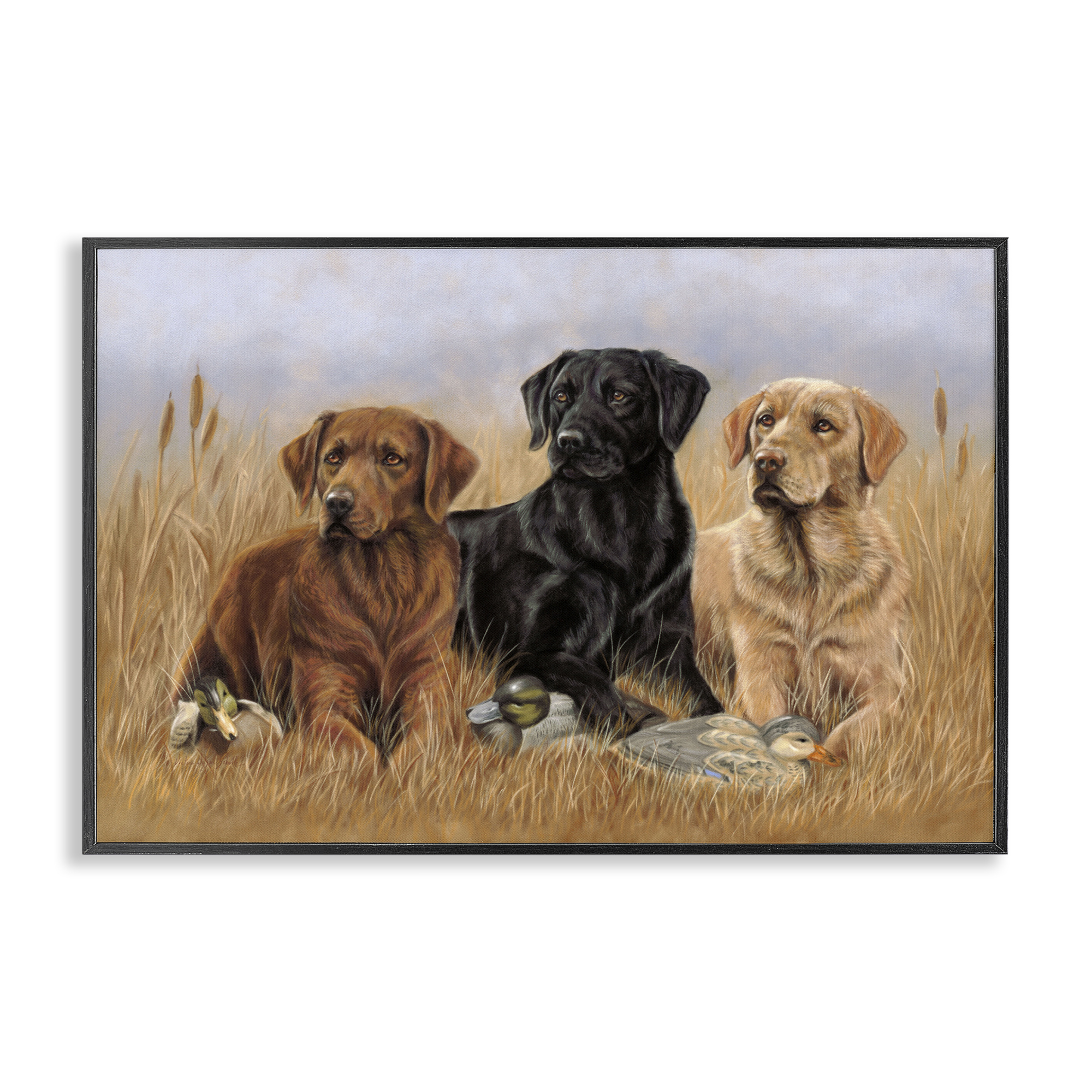 Stupell Industries Dog Trio & Ducks Animals & Insects Painting Black Framed Art Print Wall Art, 18 x 12