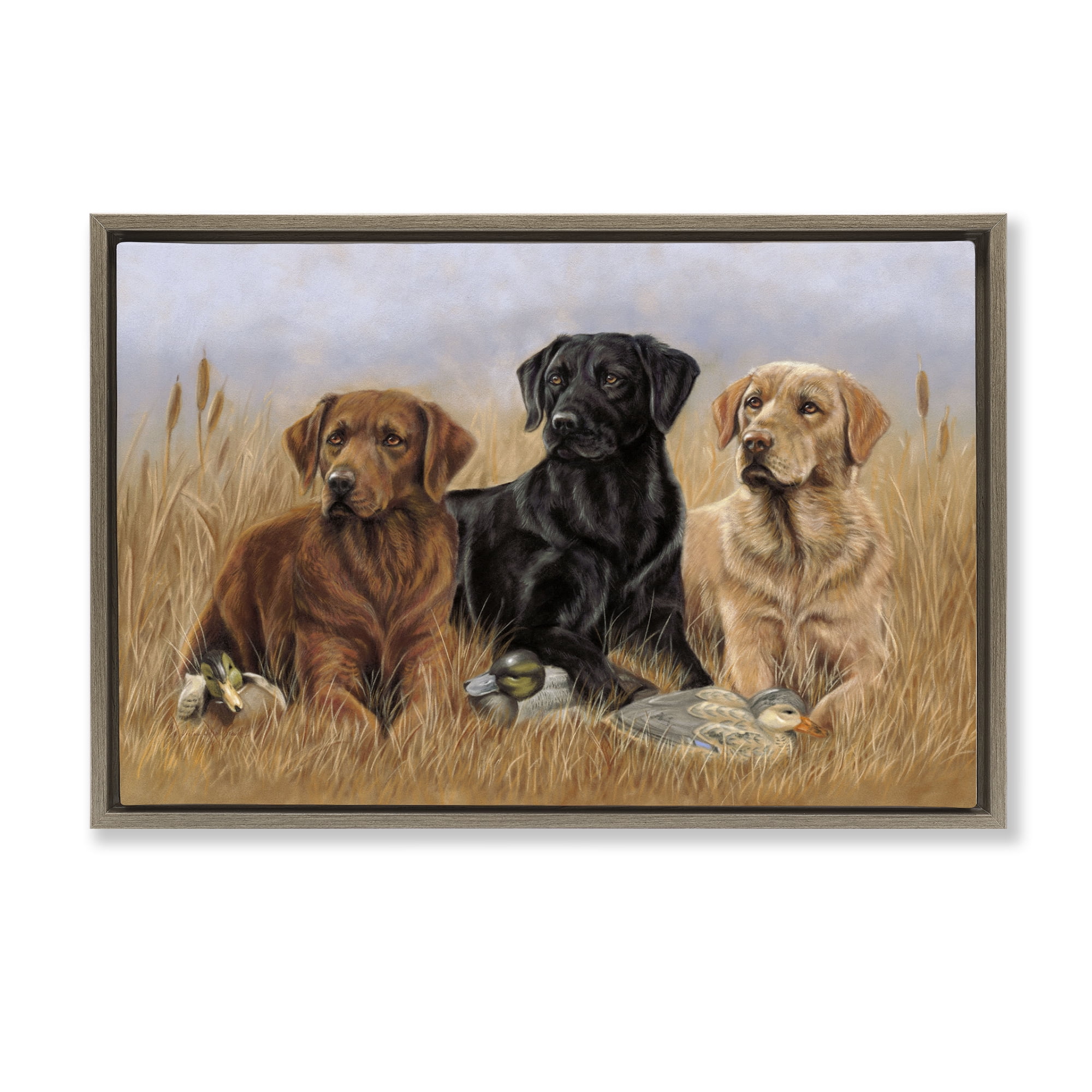 Stupell Industries Dog Trio & Ducks Animals & Insects Painting Brown Floater Framed Canvas Art Print Wall Art, 25 x 17