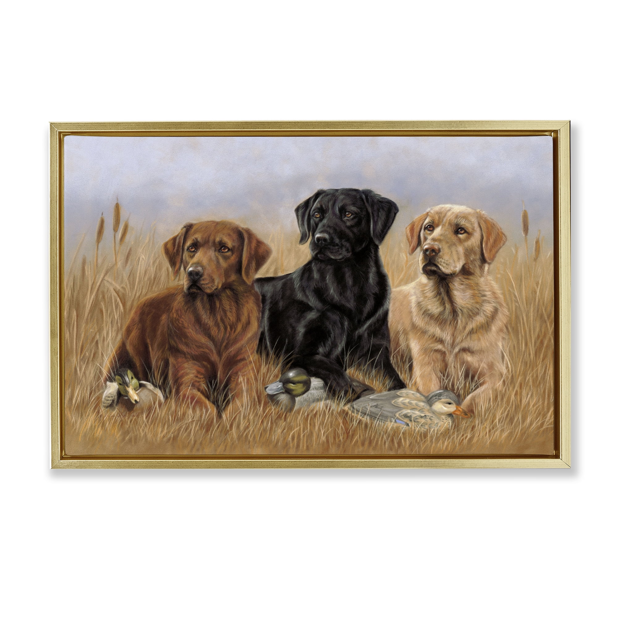 Stupell Industries Dog Trio & Ducks Animals & Insects Painting Gold Floater Framed Canvas Art Print Wall Art, 31 x 21