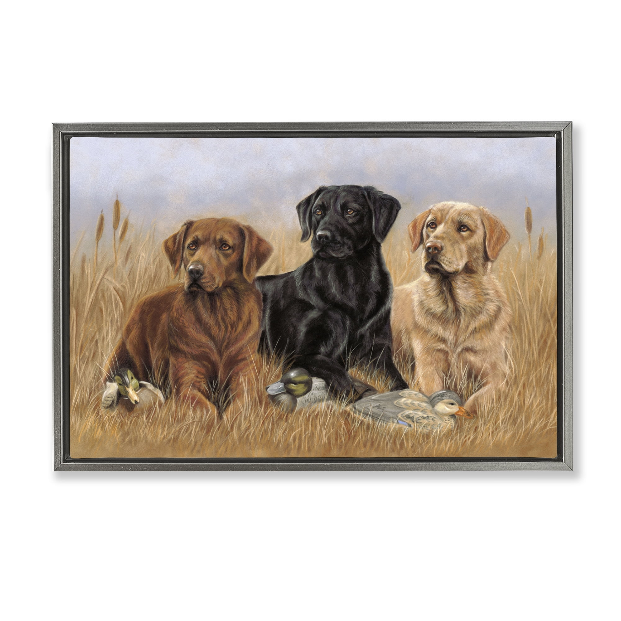 Stupell Industries Dog Trio & Ducks Animals & Insects Painting Gray Floater Framed Canvas Art Print Wall Art, 31 x 21
