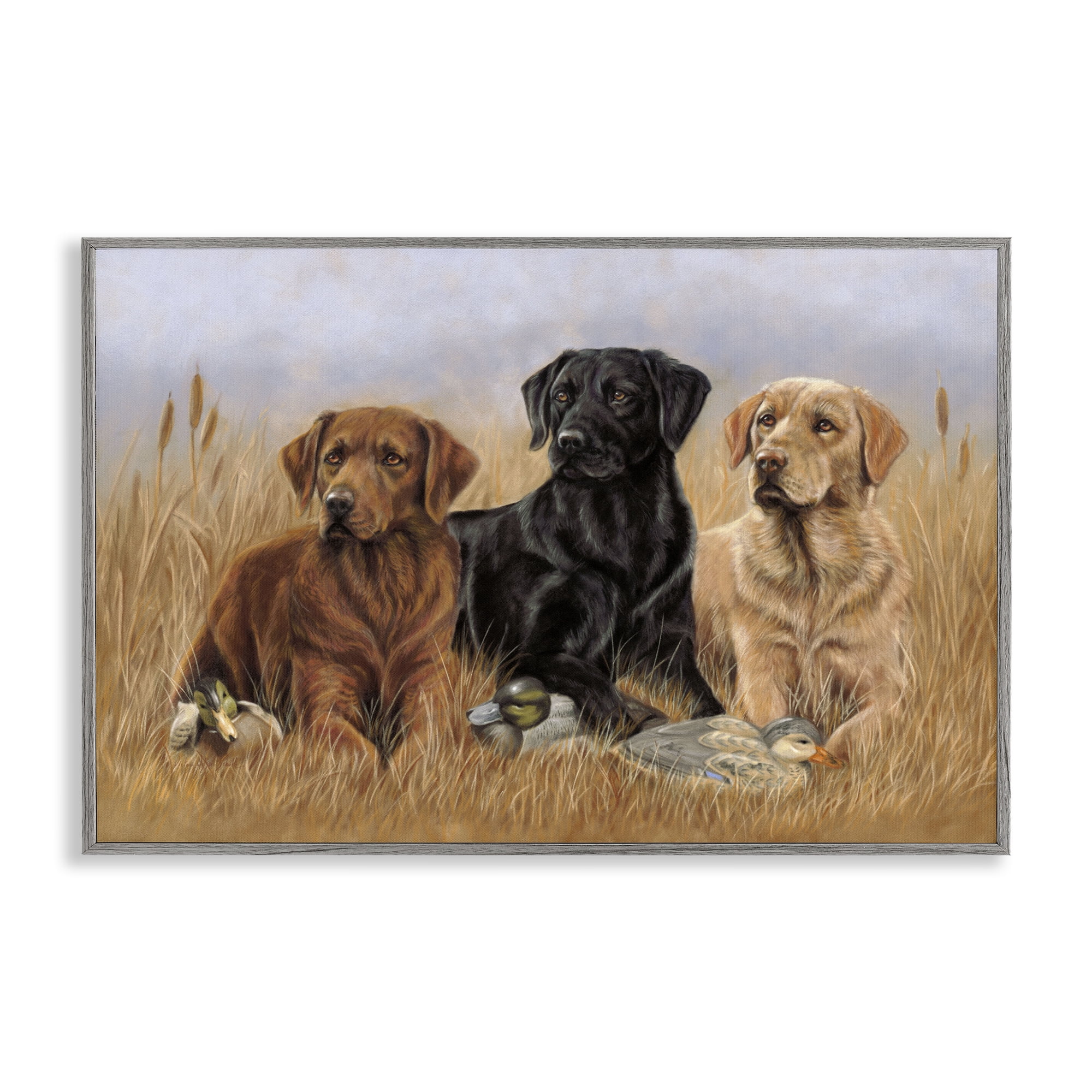 Stupell Industries Dog Trio & Ducks Animals & Insects Painting Gray Framed Art Print Wall Art, 24 x 16