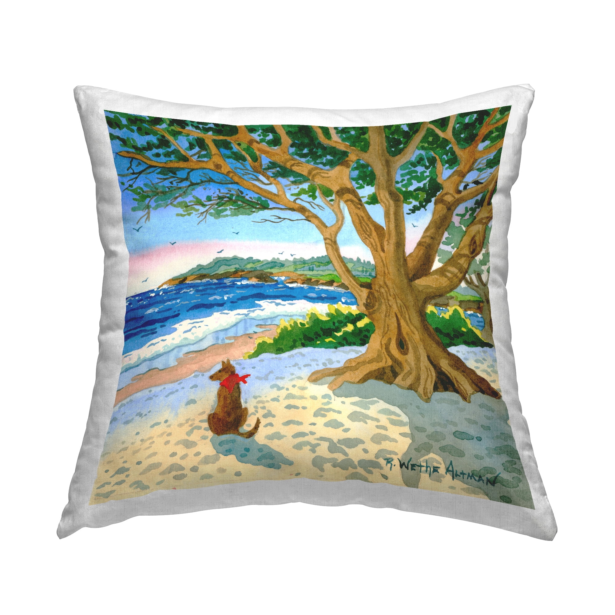 Stupell Industries Dog Under Tree on Beach Square Decorative Printed Throw Pillow, 18 x 18