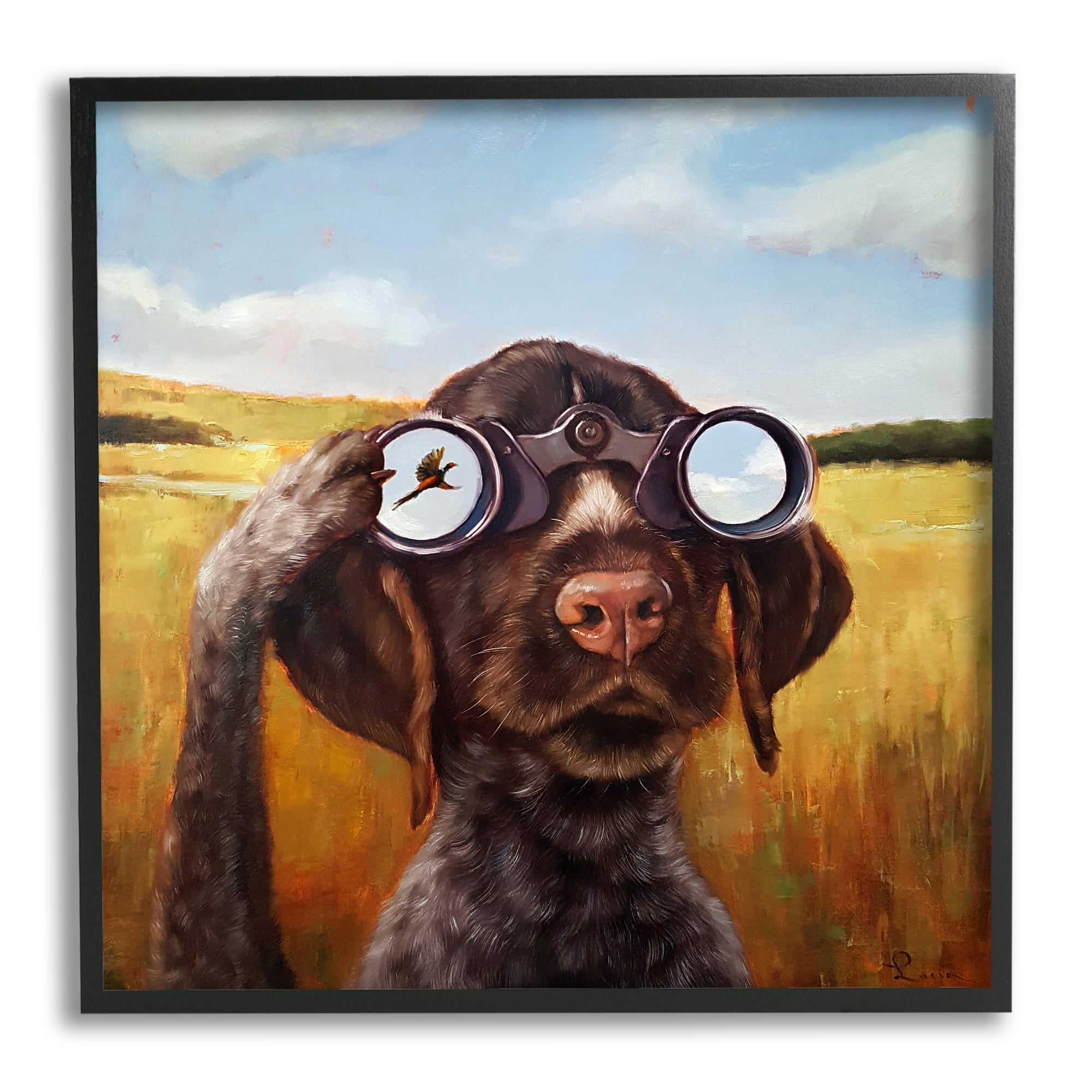 Stupell Industries Dog Watching Bird Binoculars Animals & Insects Painting Black Framed Art Print Wall Art, 12 x 12