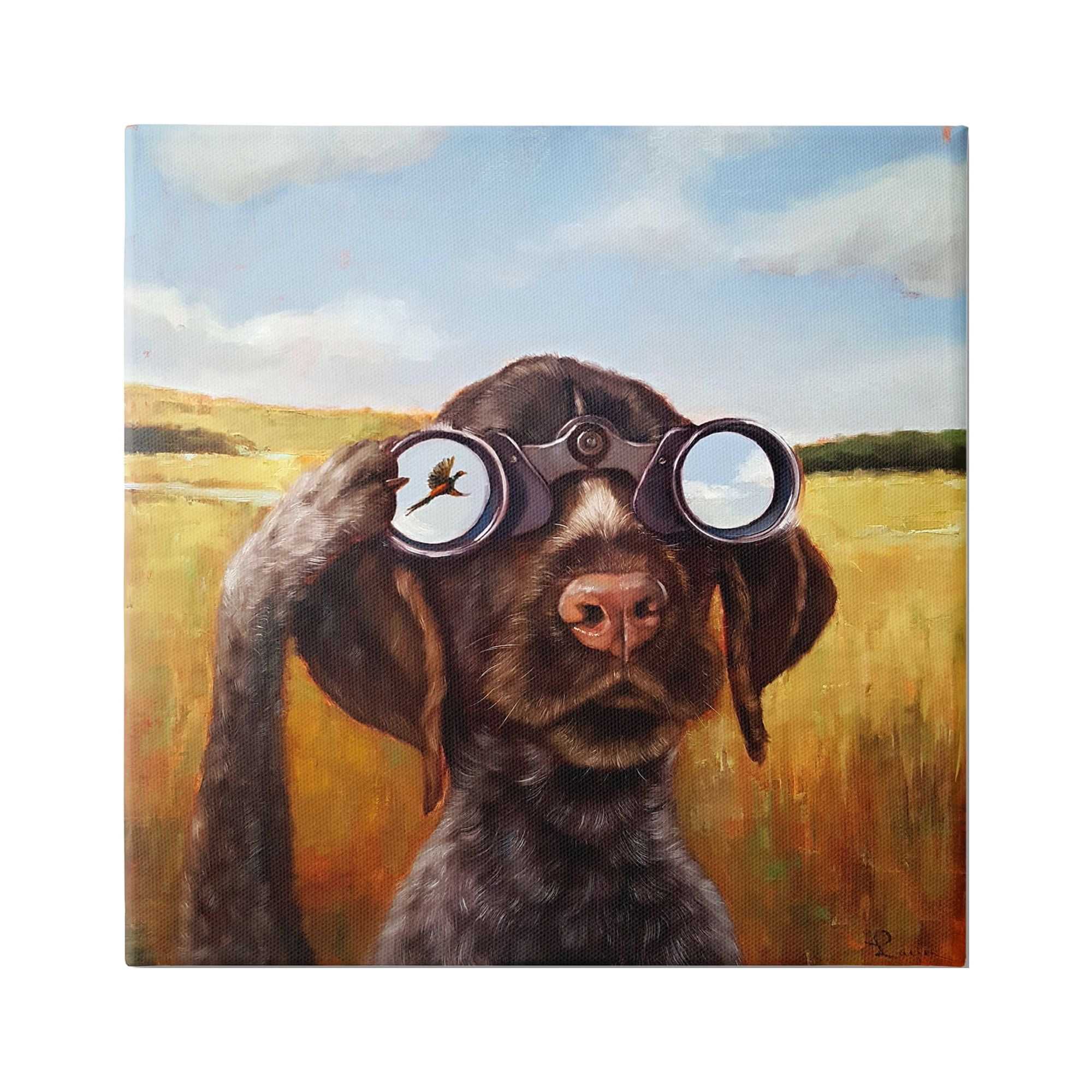 Stupell Industries Dog Watching Bird Binoculars Animals & Insects Painting Gallery Wrapped Canvas Print Wall Art, 17 x 17