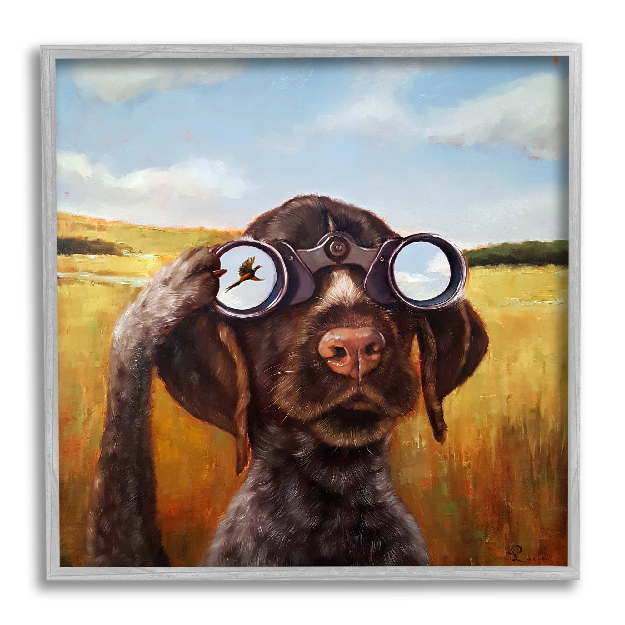 Stupell Industries Dog Watching Bird Binoculars Animals & Insects Painting Gray Framed Art Print Wall Art, 24 x 24