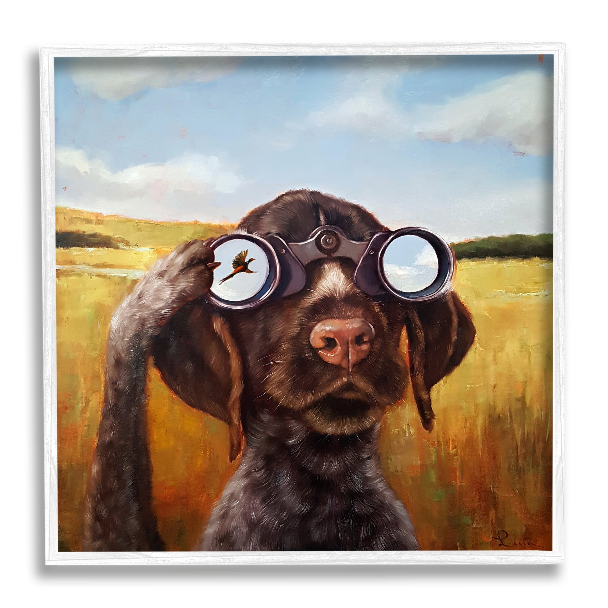 Stupell Industries Dog Watching Bird Binoculars Animals & Insects Painting White Framed Art Print Wall Art, 12 x 12