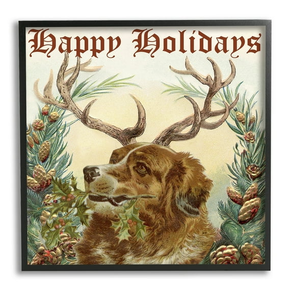 Stupell Industries Dog Wearing Antlers Seasonal Holiday Botanicals Graphic Art Black Framed Art Print Wall Art, Design by Alicia Longley
