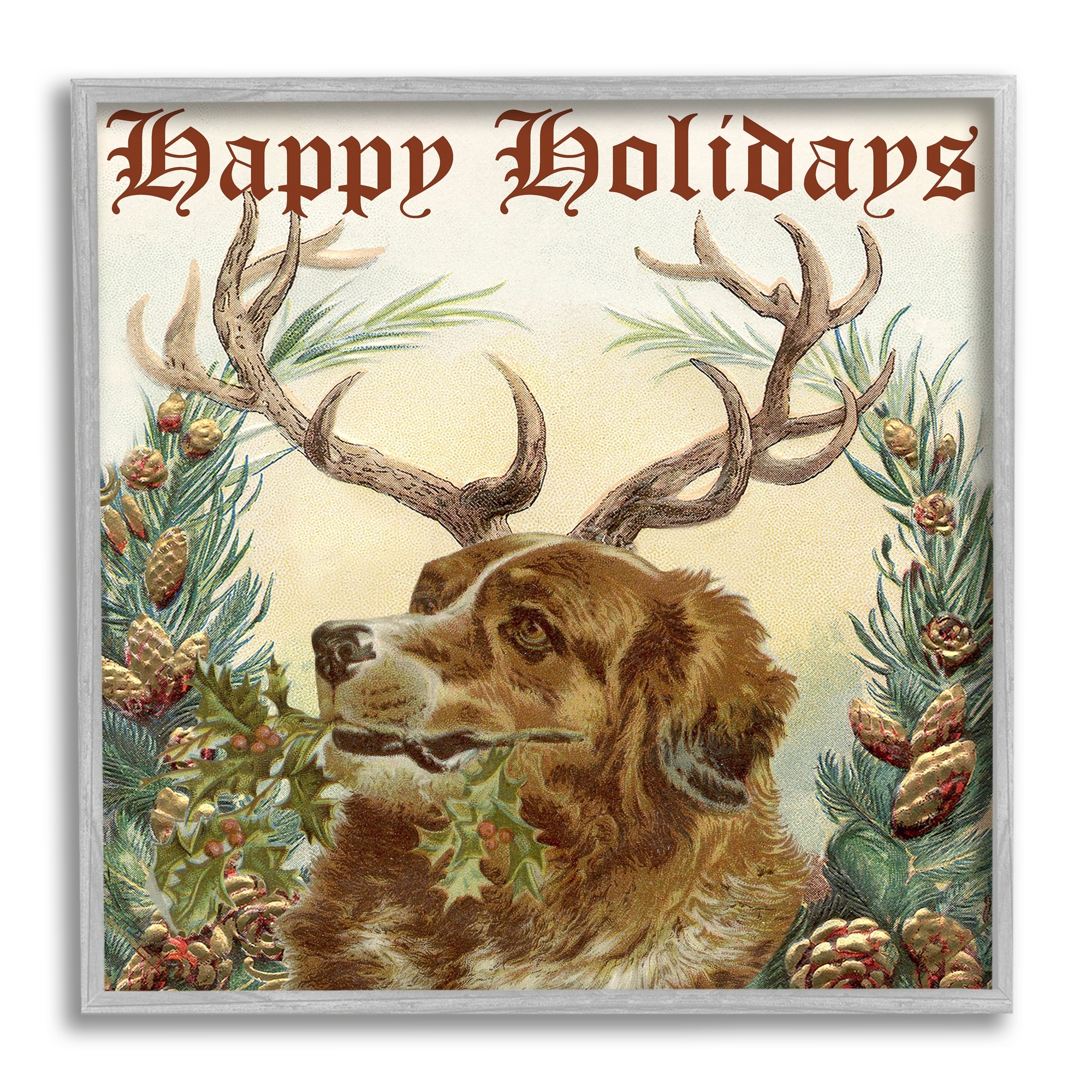 Stupell Industries Dog Wearing Antlers Seasonal Holiday Botanicals Graphic Art Gray Framed Art Print Wall Art, Design by Alicia Longley