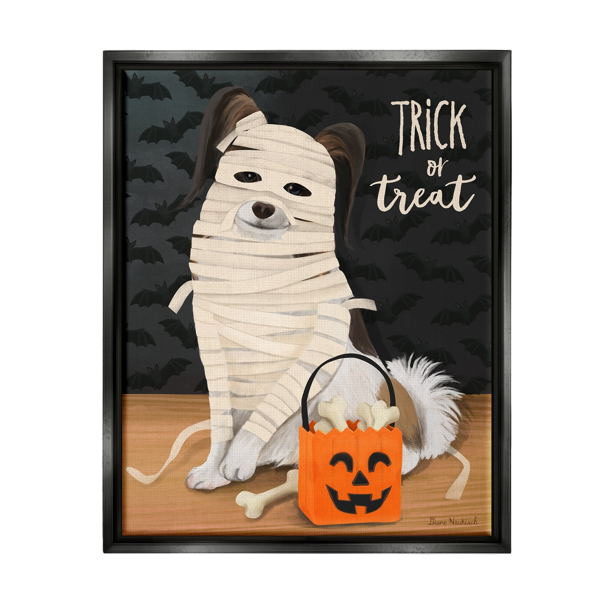 Stupell Industries Dog Wearing Mummy Costume Trick or Treat Halloween Graphic Art Jet Black Floating Framed Canvas Print Wall Art, Design by Diane Neukirch